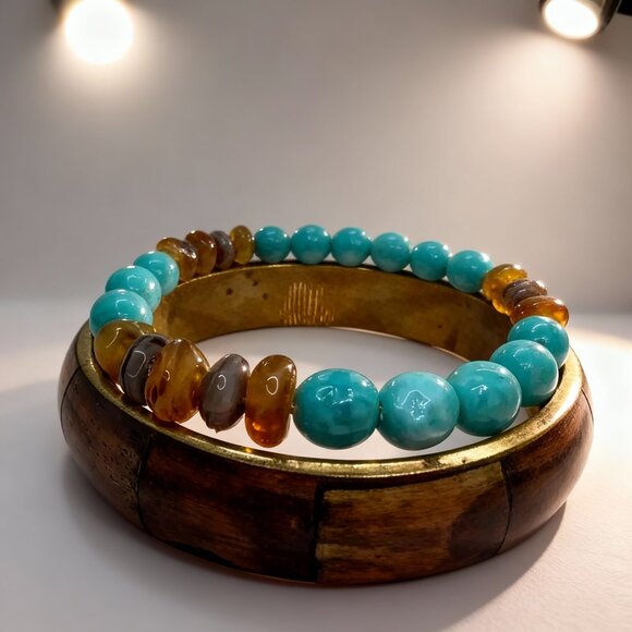 Gara Danielle Brass & Wood Look Bangle Bracelet & Turquoise Bead Bracelet Set - Picture 3 of 5